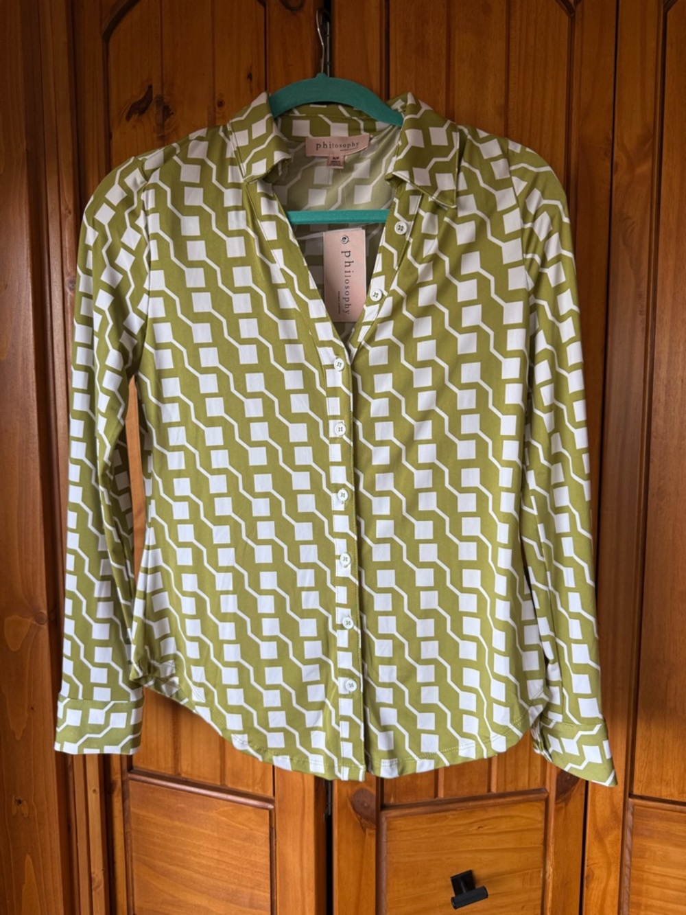 Philosophy Green and White Geometric Button-Down Shirt
